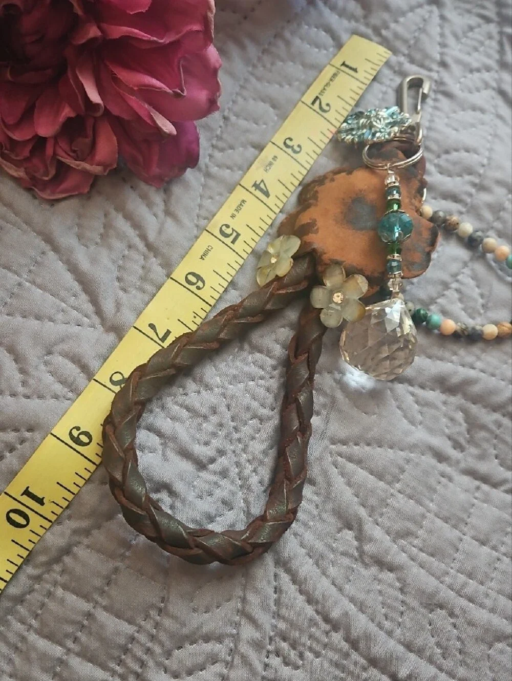 Hand Crafted Genuine Leather Hand Braided Beaded Tassel Keychain Purse Charm NEW